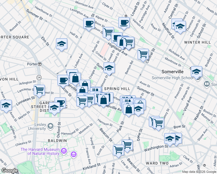 map of restaurants, bars, coffee shops, grocery stores, and more near 32 Spring Street in Somerville