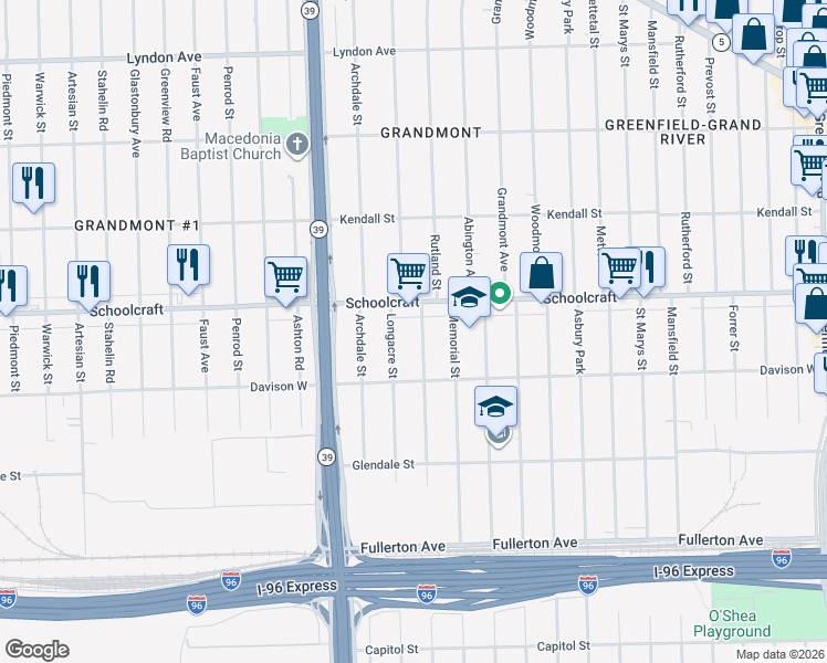 map of restaurants, bars, coffee shops, grocery stores, and more near 13565 Rutland Street in Detroit