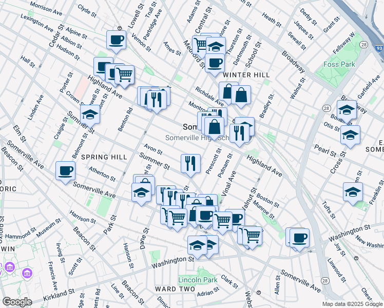 map of restaurants, bars, coffee shops, grocery stores, and more near 90 School Street in Somerville