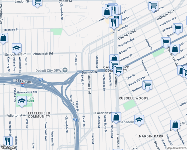 map of restaurants, bars, coffee shops, grocery stores, and more near 3091 Oakman Boulevard in Detroit