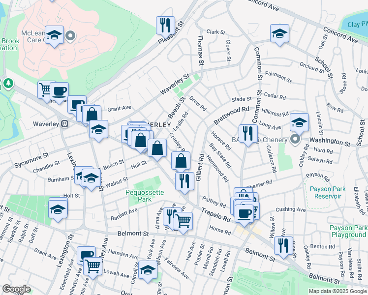 map of restaurants, bars, coffee shops, grocery stores, and more near 61 Flett Road in Belmont