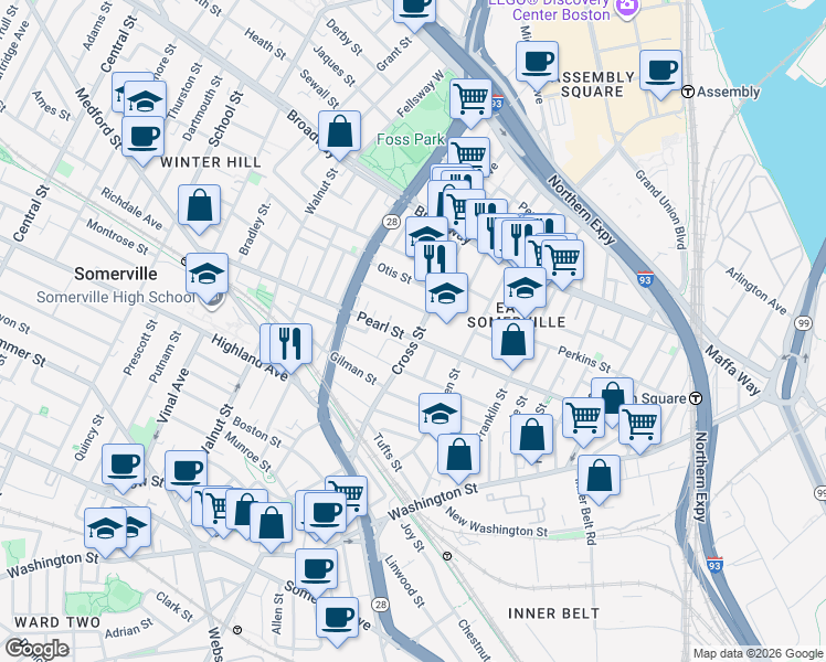 map of restaurants, bars, coffee shops, grocery stores, and more near 76B Cross Street in Somerville