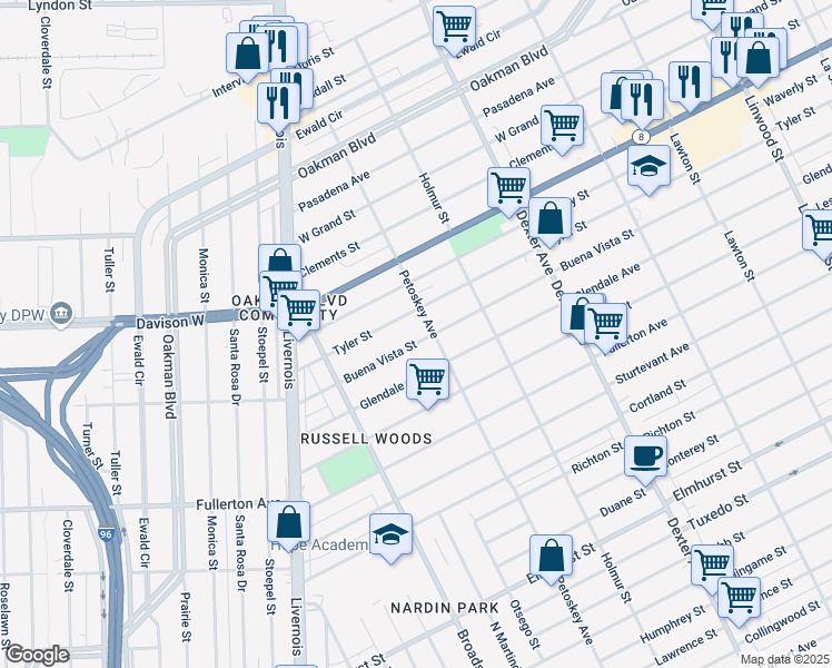 map of restaurants, bars, coffee shops, grocery stores, and more near 4239 Buena Vista Street in Detroit