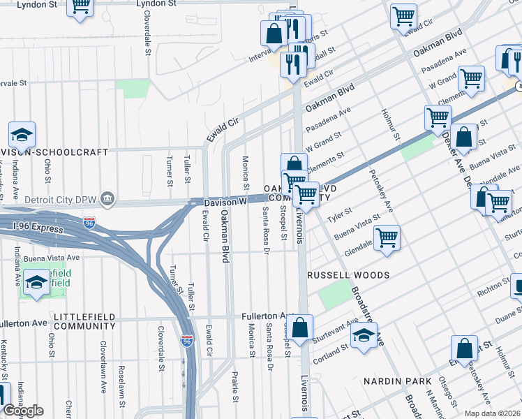 map of restaurants, bars, coffee shops, grocery stores, and more near 13197 Santa Rosa Drive in Detroit