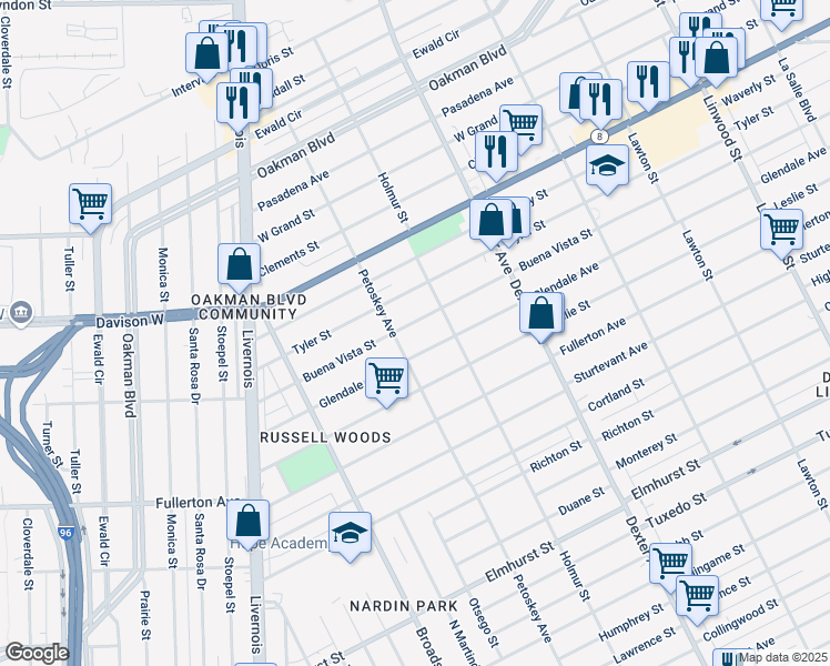 map of restaurants, bars, coffee shops, grocery stores, and more near 4084 Glendale Avenue in Detroit