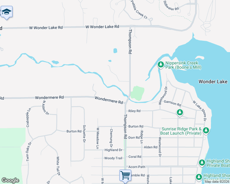 map of restaurants, bars, coffee shops, grocery stores, and more near 8908 Wondermere Road in Wonder Lake