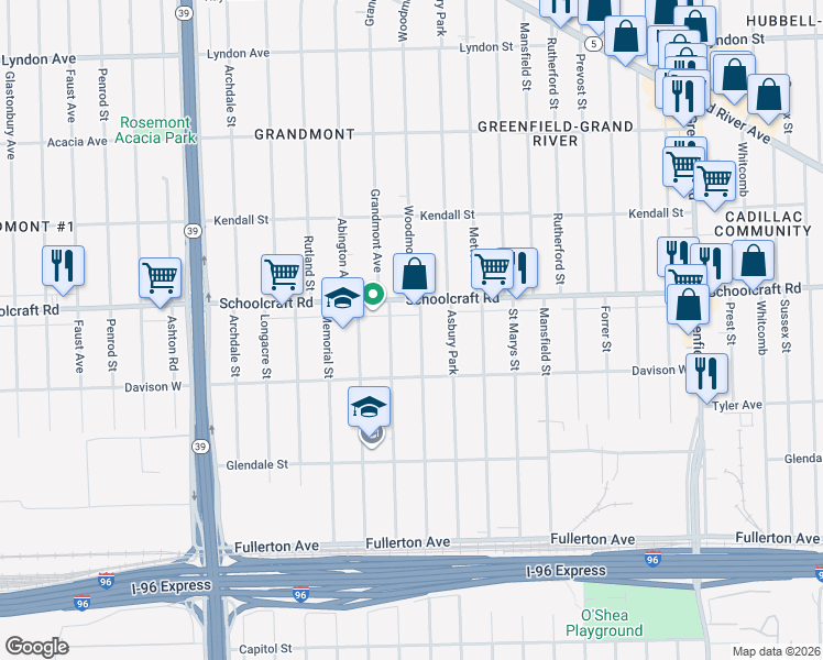 map of restaurants, bars, coffee shops, grocery stores, and more near 13553 Woodmont Avenue in Detroit
