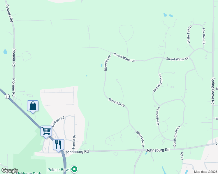 map of restaurants, bars, coffee shops, grocery stores, and more near 4006 Riverside Drive in Johnsburg