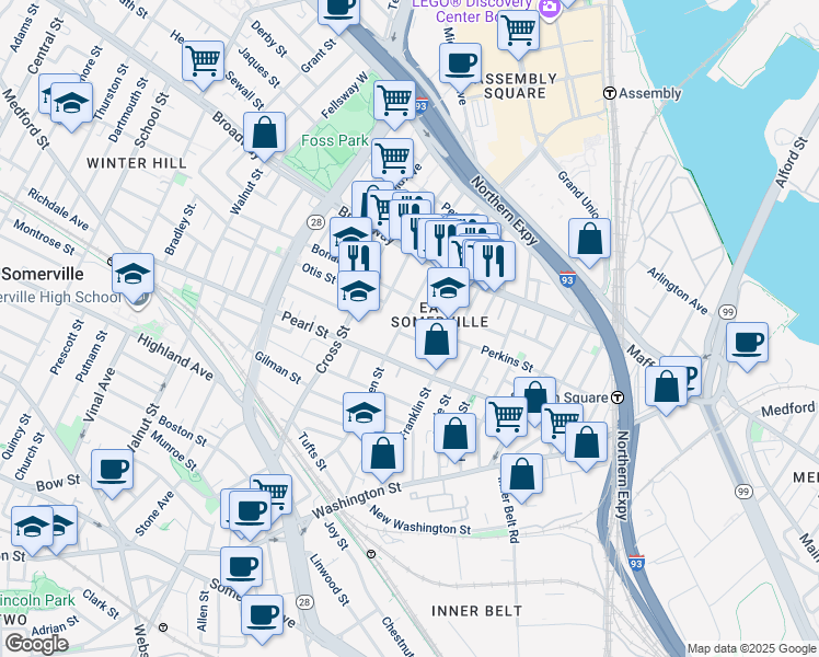 map of restaurants, bars, coffee shops, grocery stores, and more near 16 Webster Street in Somerville