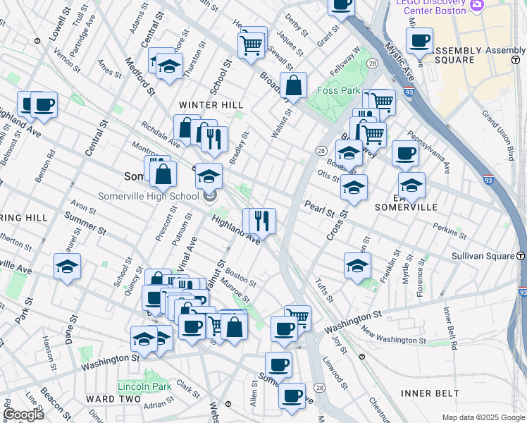 map of restaurants, bars, coffee shops, grocery stores, and more near 285 Medford Street in Somerville