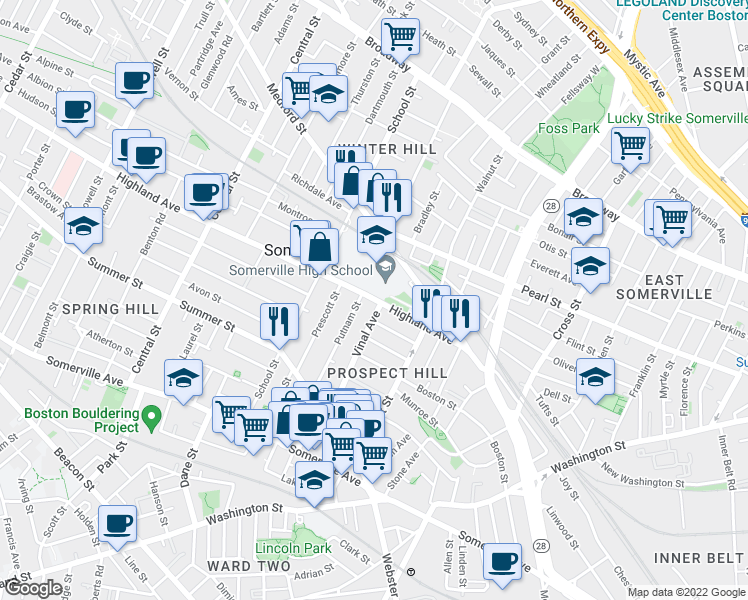 map of restaurants, bars, coffee shops, grocery stores, and more near 61 Putnam Street in Somerville