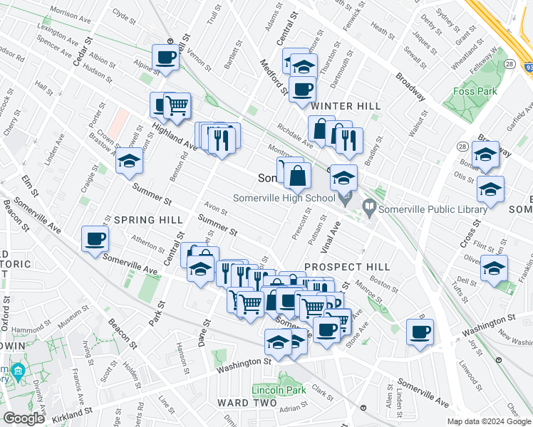 map of restaurants, bars, coffee shops, grocery stores, and more near 90 School Street in Somerville