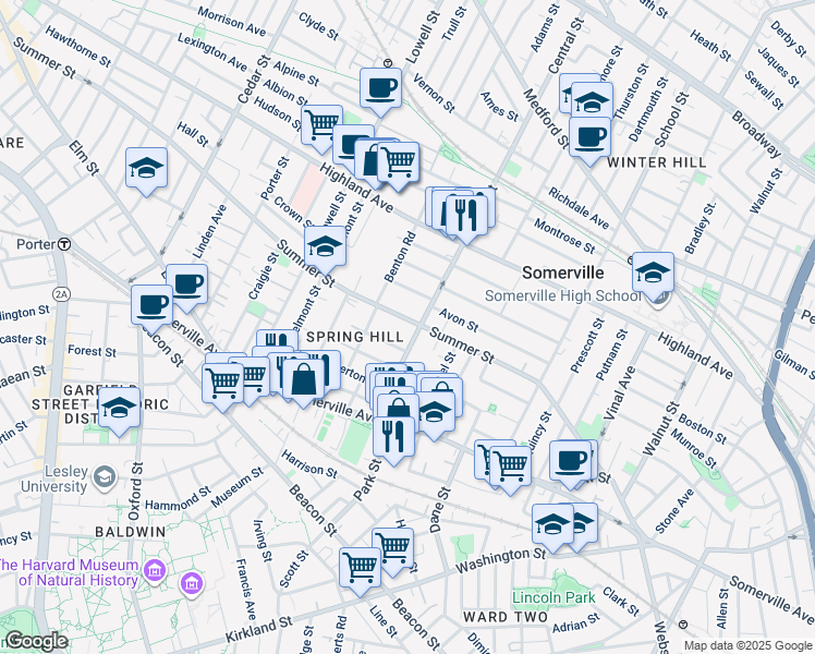 map of restaurants, bars, coffee shops, grocery stores, and more near 9 Monmouth Street in Somerville