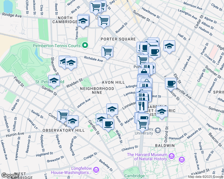 map of restaurants, bars, coffee shops, grocery stores, and more near 17 Hillside Avenue in Cambridge