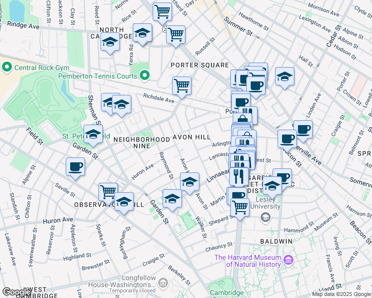 map of restaurants, bars, coffee shops, grocery stores, and more near 17 Hillside Avenue in Cambridge