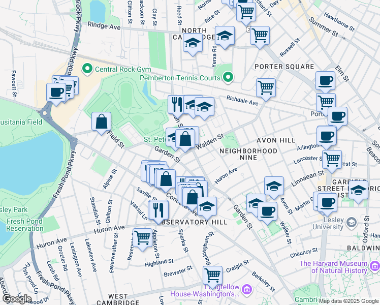 map of restaurants, bars, coffee shops, grocery stores, and more near 9 Stearns Street in Cambridge