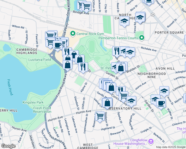 map of restaurants, bars, coffee shops, grocery stores, and more near 156 Chilton Street in Cambridge
