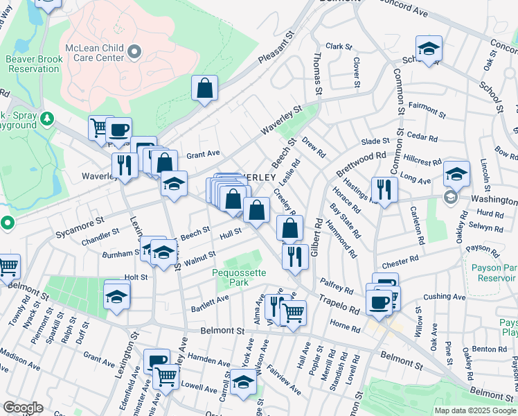 map of restaurants, bars, coffee shops, grocery stores, and more near 25 Wilson Avenue in Belmont
