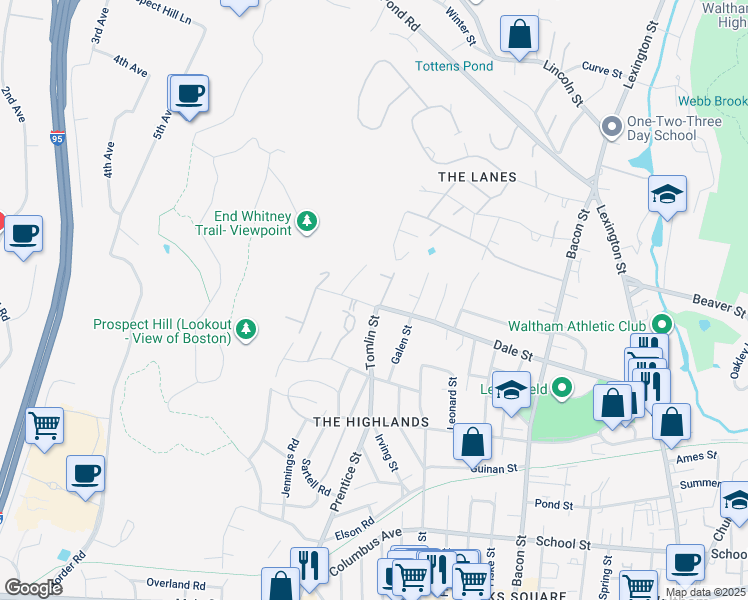 map of restaurants, bars, coffee shops, grocery stores, and more near 258 Dale Street in Waltham