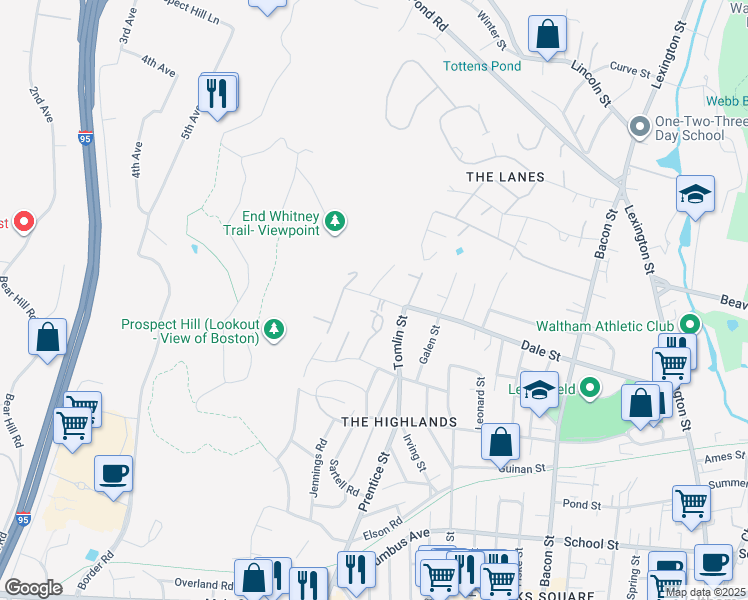 map of restaurants, bars, coffee shops, grocery stores, and more near 7 Totten Circle in Waltham