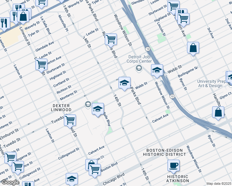 map of restaurants, bars, coffee shops, grocery stores, and more near 2220 Webb Street in Detroit