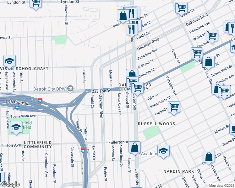 map of restaurants, bars, coffee shops, grocery stores, and more near 13197 Santa Rosa Drive in Detroit