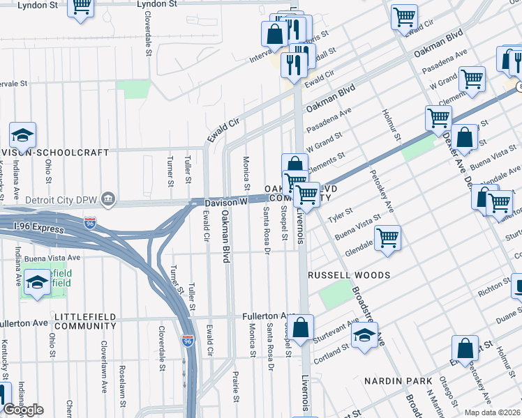 map of restaurants, bars, coffee shops, grocery stores, and more near 13197 Santa Rosa Drive in Detroit