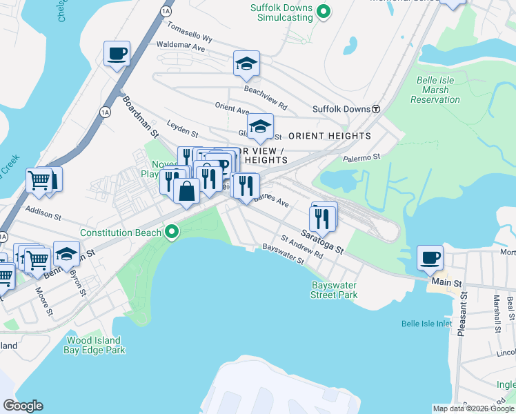 map of restaurants, bars, coffee shops, grocery stores, and more near 1048 Saratoga Street in Boston