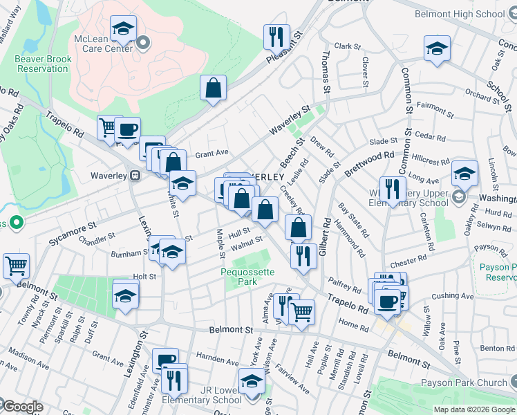 map of restaurants, bars, coffee shops, grocery stores, and more near 25 Wilson Avenue in Belmont