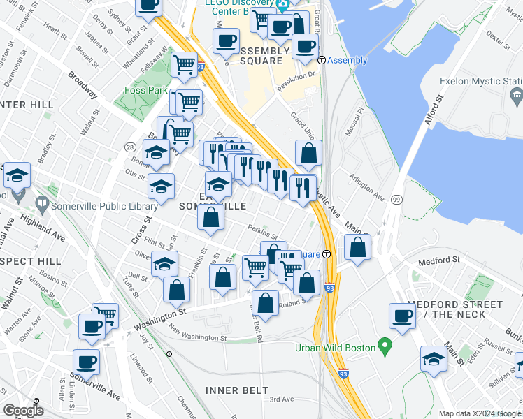 map of restaurants, bars, coffee shops, grocery stores, and more near 16 Lincoln Street in Somerville