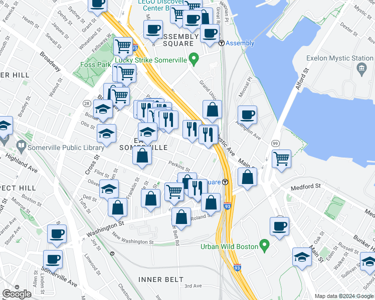 map of restaurants, bars, coffee shops, grocery stores, and more near 12 George Street in Somerville