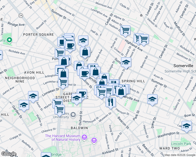 map of restaurants, bars, coffee shops, grocery stores, and more near 3 Elm Street in Somerville