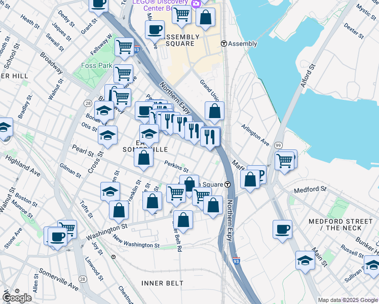 map of restaurants, bars, coffee shops, grocery stores, and more near 12 George Street in Somerville