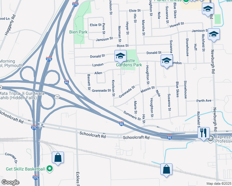 map of restaurants, bars, coffee shops, grocery stores, and more near 38787 Grennada Street in Livonia