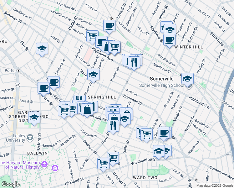 map of restaurants, bars, coffee shops, grocery stores, and more near 9 Monmouth Street in Somerville