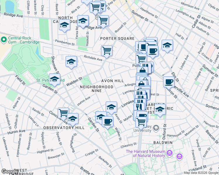 map of restaurants, bars, coffee shops, grocery stores, and more near 17 Hillside Avenue in Cambridge
