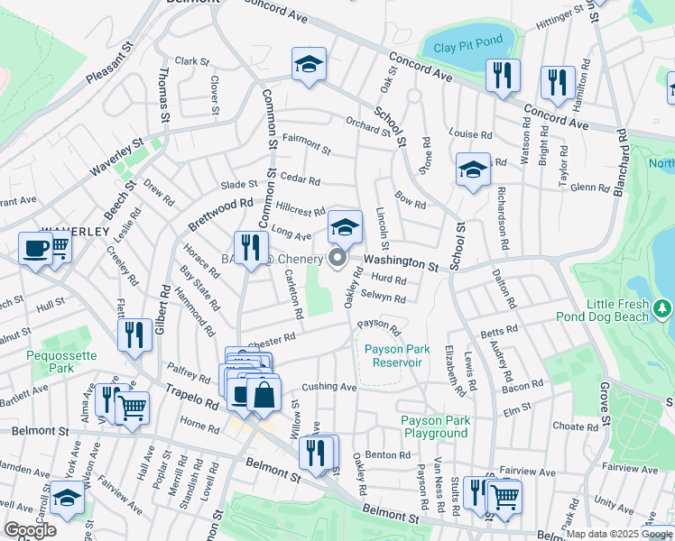 map of restaurants, bars, coffee shops, grocery stores, and more near 95 Washington Street in Belmont