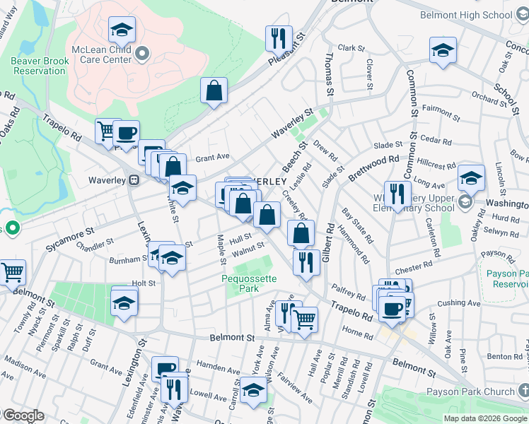map of restaurants, bars, coffee shops, grocery stores, and more near 4 Wilson Avenue in Belmont