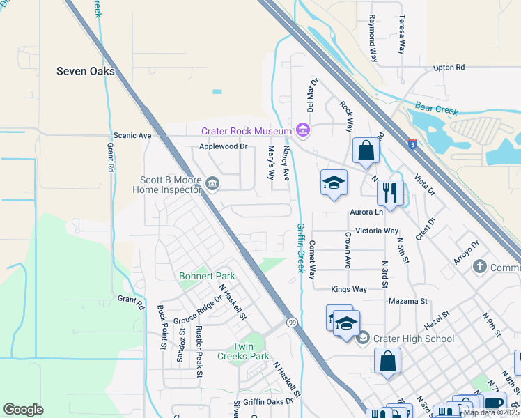 map of restaurants, bars, coffee shops, grocery stores, and more near 326 Marian Avenue in Central Point
