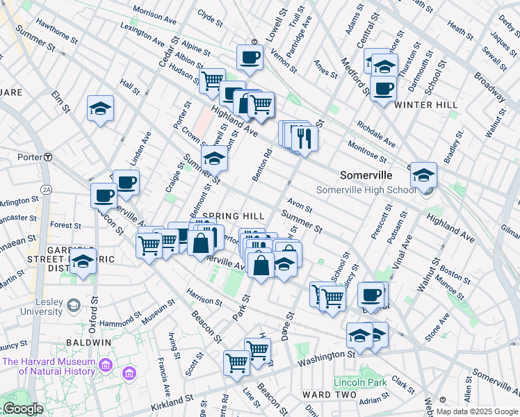 map of restaurants, bars, coffee shops, grocery stores, and more near 9 Monmouth Street in Somerville