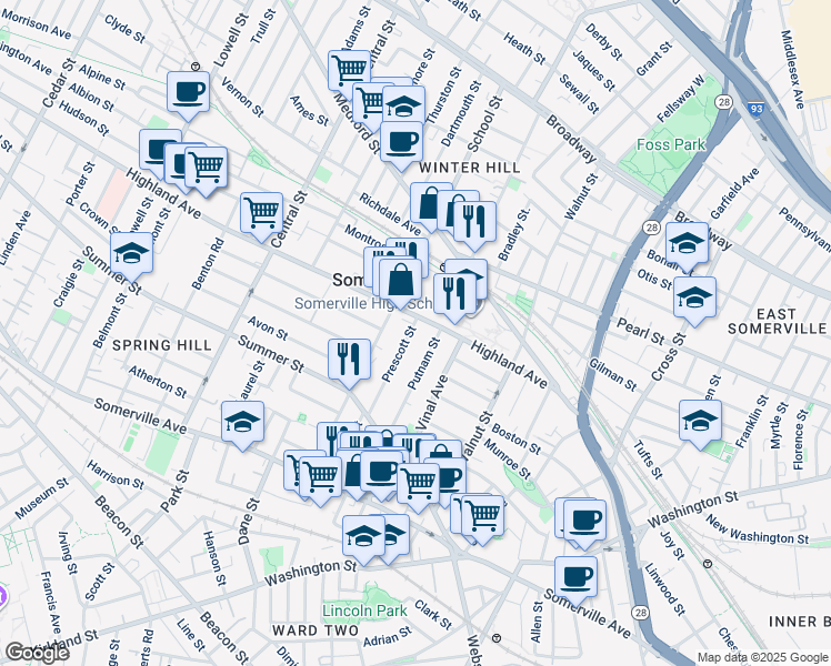 map of restaurants, bars, coffee shops, grocery stores, and more near 63 Prescott Street in Somerville