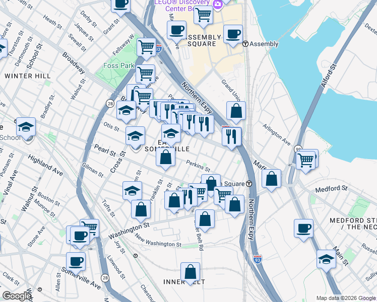 map of restaurants, bars, coffee shops, grocery stores, and more near 129 Perkins Street in Somerville