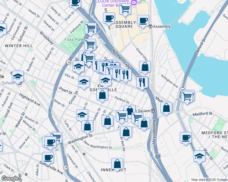 map of restaurants, bars, coffee shops, grocery stores, and more near 129 Perkins Street in Somerville