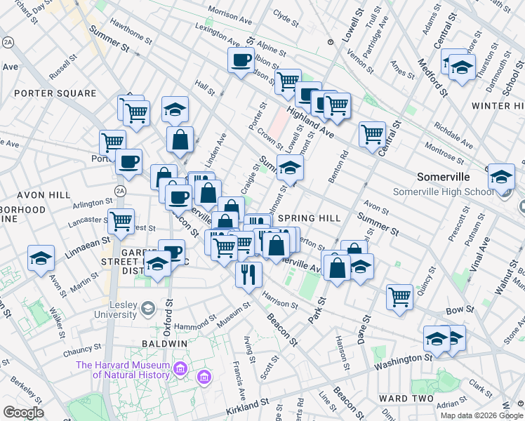 map of restaurants, bars, coffee shops, grocery stores, and more near 22 Belmont Street in Somerville