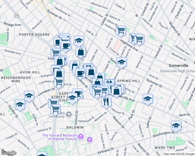 map of restaurants, bars, coffee shops, grocery stores, and more near 693 Somerville Avenue in Somerville
