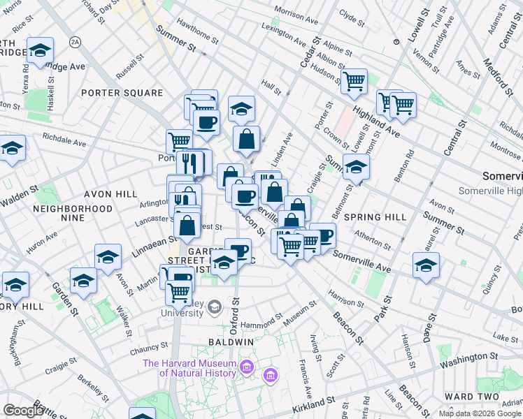 map of restaurants, bars, coffee shops, grocery stores, and more near in Somerville