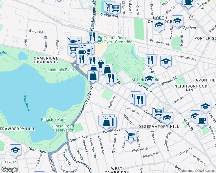 map of restaurants, bars, coffee shops, grocery stores, and more near in Cambridge
