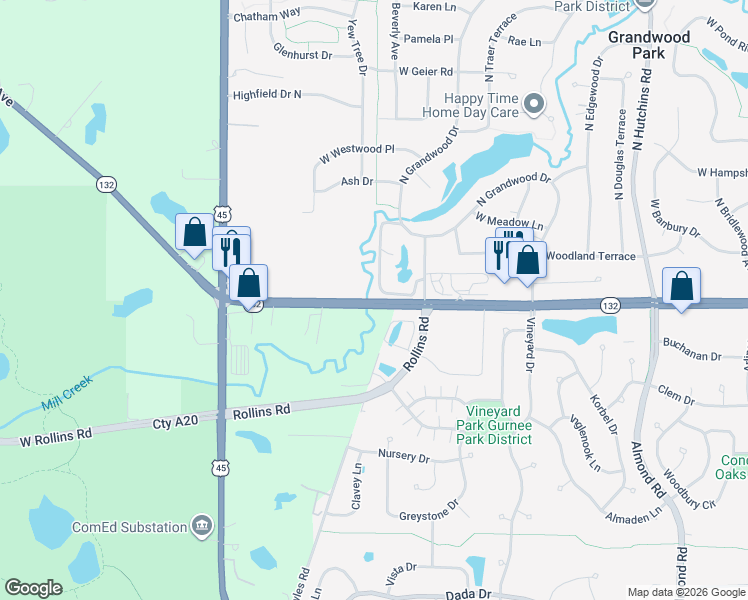 map of restaurants, bars, coffee shops, grocery stores, and more near 18734 West Grand Avenue in Lake Villa