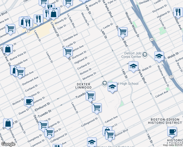 map of restaurants, bars, coffee shops, grocery stores, and more near 2480 Monterey Street in Detroit