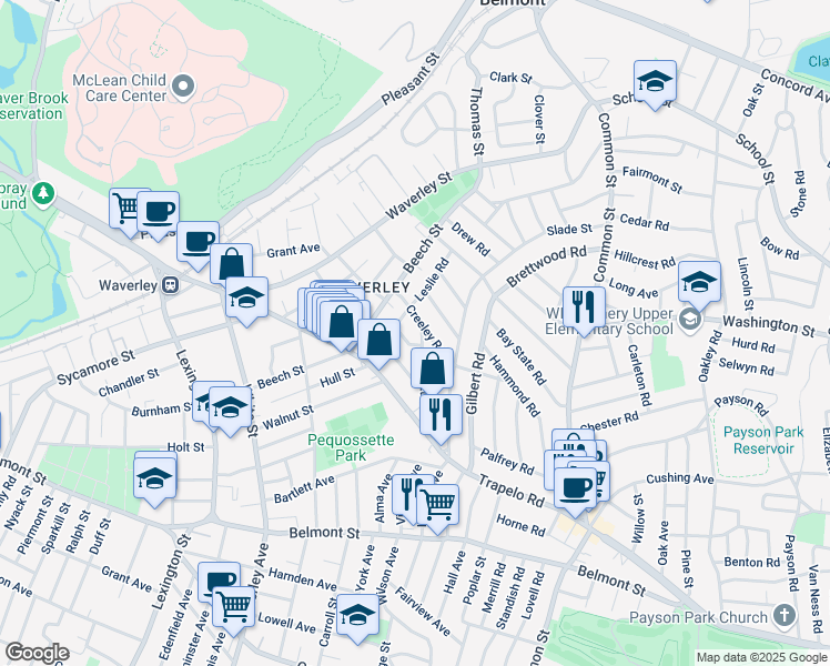 map of restaurants, bars, coffee shops, grocery stores, and more near 62 Flett Road in Belmont